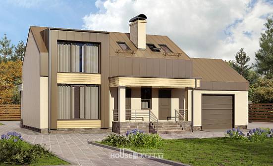 150-015-Л Проект двухэтажного дома мансардный этаж, гараж, бюджетный домик из теплоблока Мценск | Проекты домов от House Expert